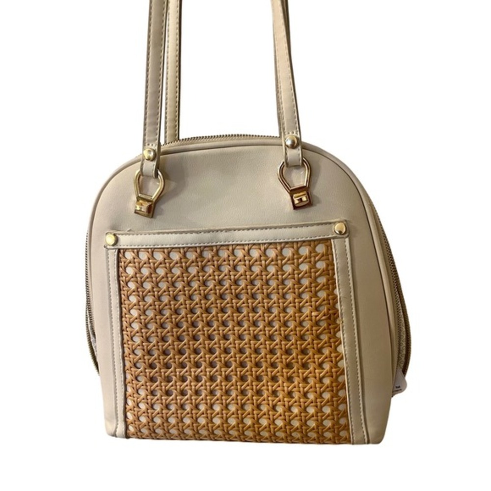 Miztique Convertible Backpack Purse Beige Faux Leather Wicker Details